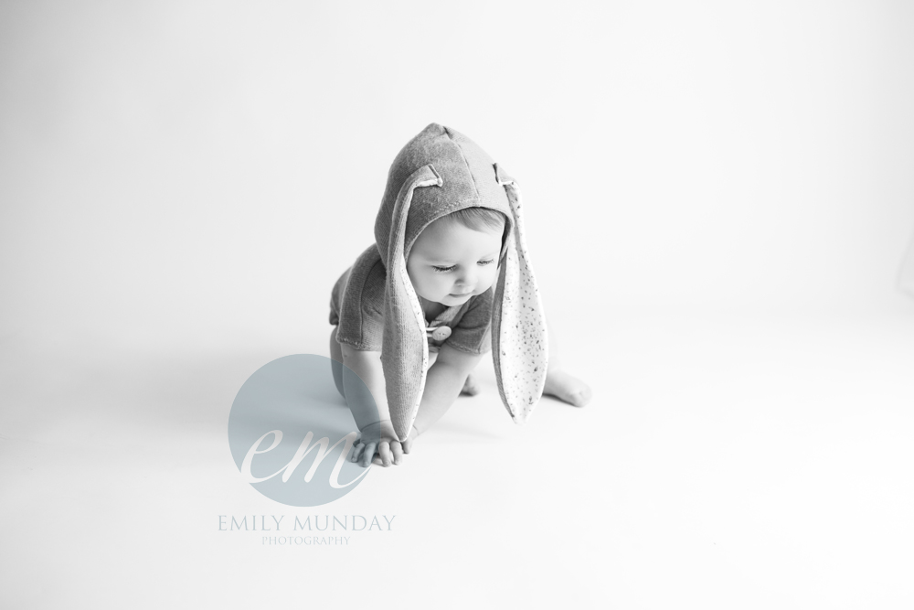 little sitter studio session plymouth devon baby newborn photographer emily munday photography pink bunny black and white