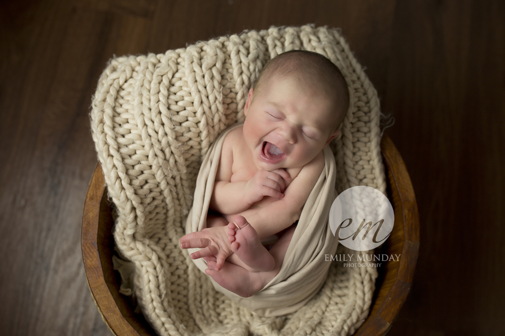 Plymouth baby newborn photos pictures photography photographer studio Devon Cornwall Emily Monday Munday prop posed swaddled yawn